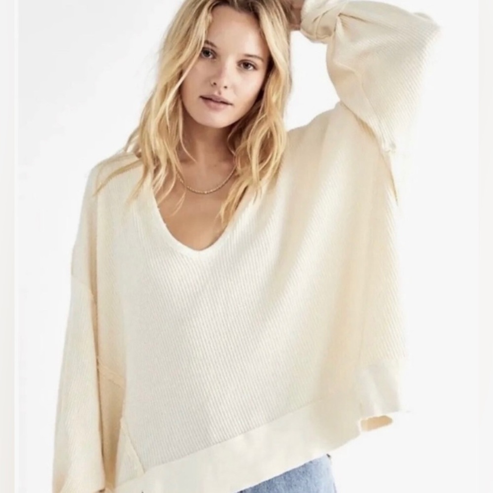 NWT Free People Santa Clara Slouchy Thermal Waffle Knit Top Alabaster Size L